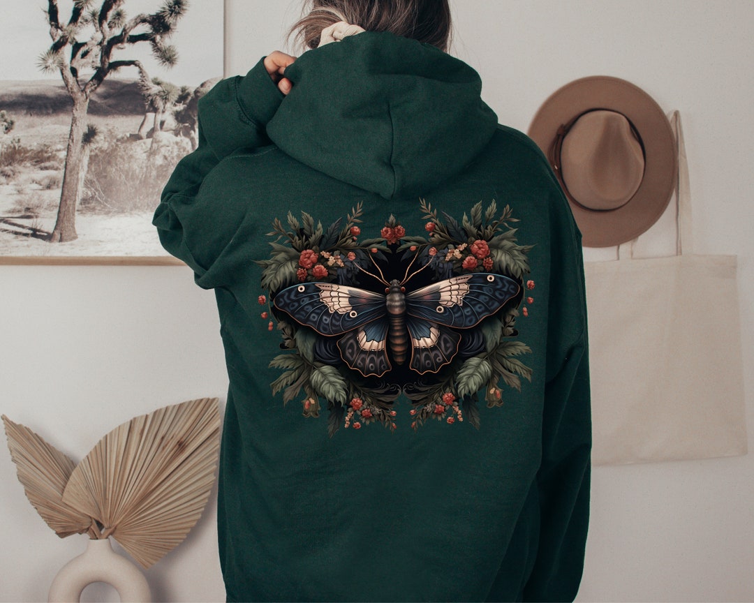 Moth Hoodie, Floral Botanical Nature Cottagecore Fairycore Moth Sweater