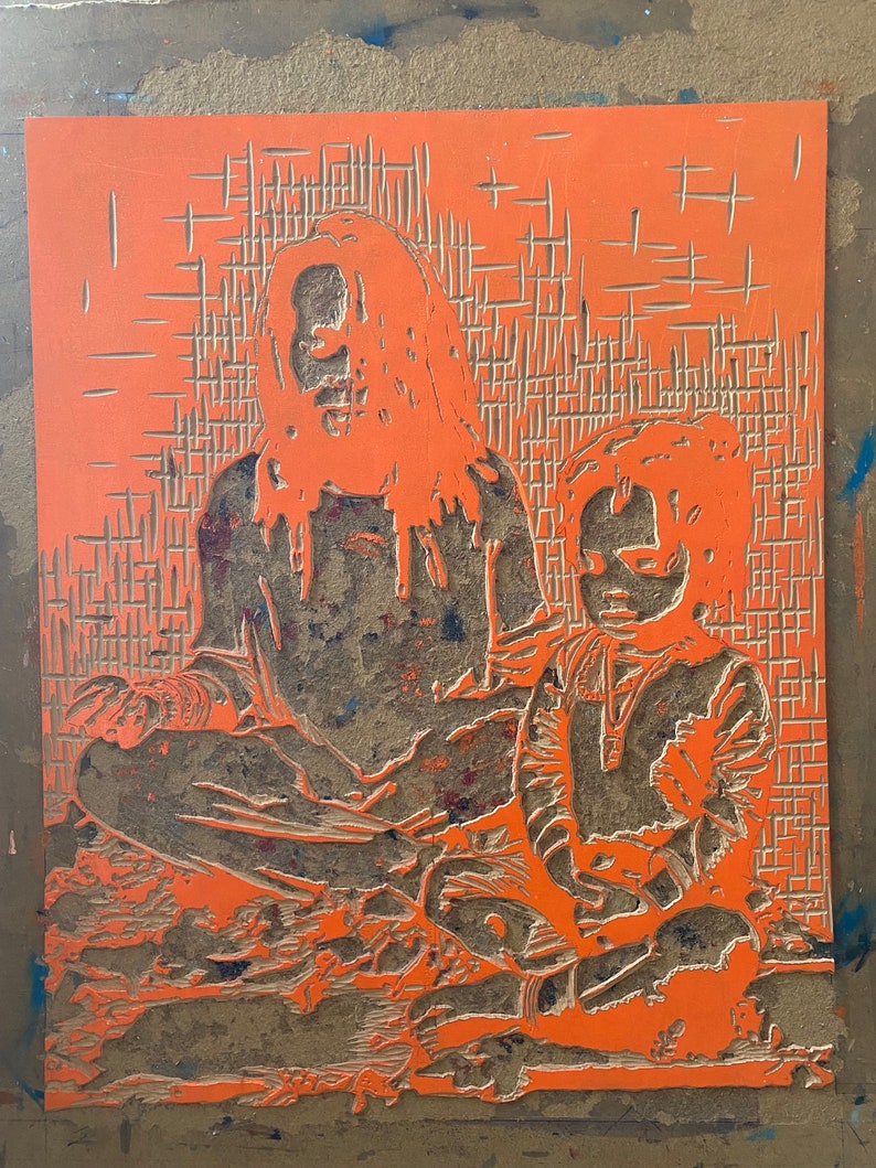 LIKEMINDED, a Large Linocut on Canvas From Nigerian Artist Tosin