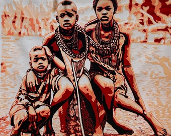 SIBLING, een prachtige linosnede op canvas van de Nigeriaanse kunstenaar Tosin Oyeniyi
