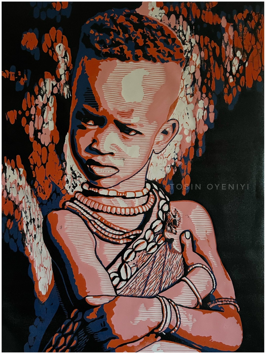 ONE DAY, an Exceptional Linocut on Canvas From Nigerian Artist Tosin