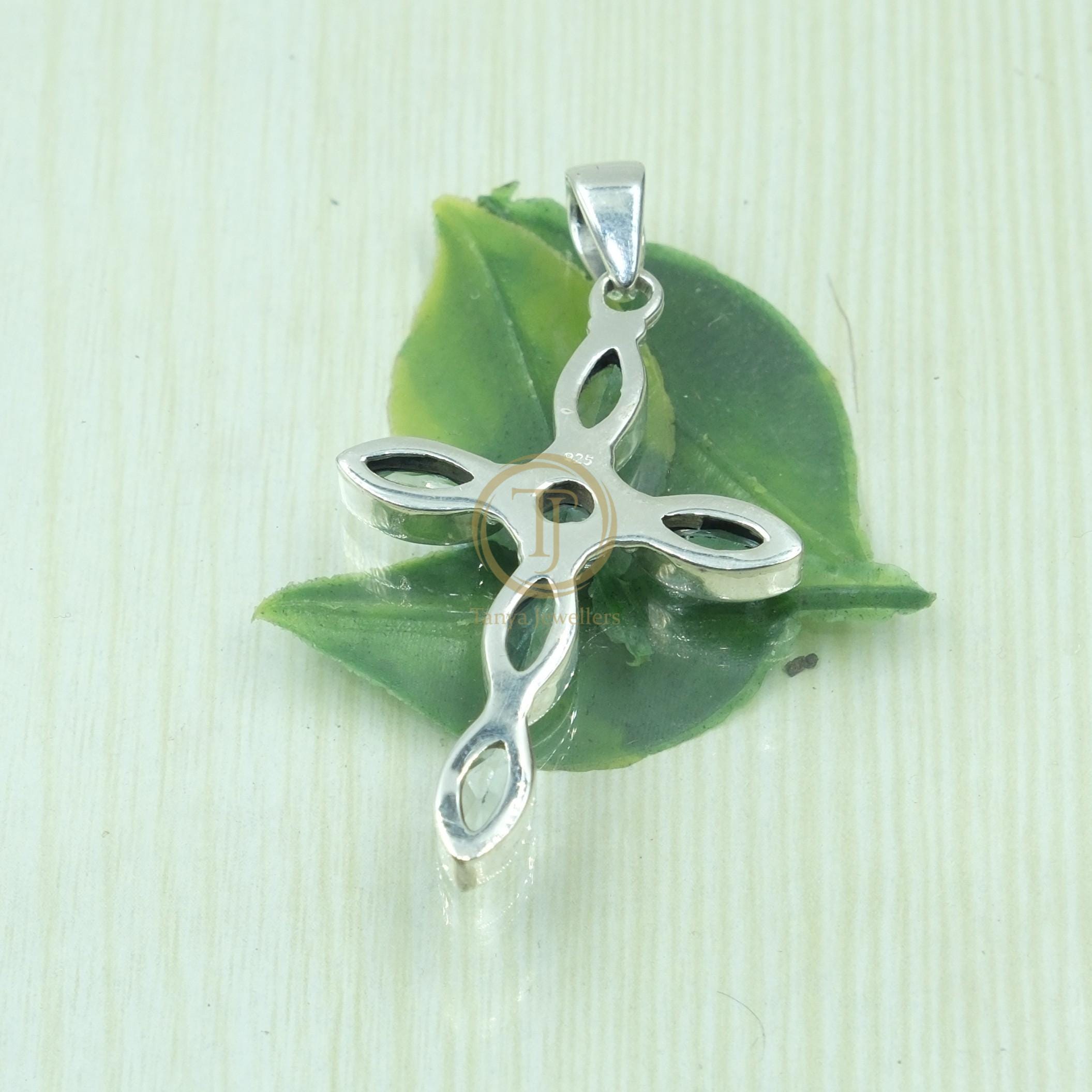 Pendentif Croix En Argent 925 Avec Topazes Bleues De Londres - Fait Main, 71 Mm, 6 Pierres