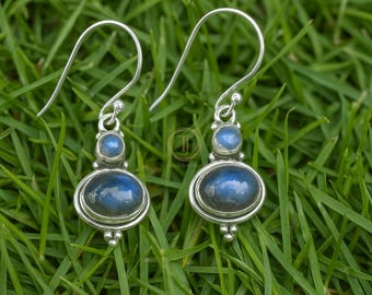 Labradorite Earrings, 925 Sterling Silver Earrings, Yellow Gold & Rose Gold Plated Earrings, Blue Stone Earrings, Dangling Earrings Gift