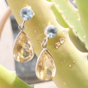 Yellow Citrine Blue Topaz Cut Stone Earrings 925 Sterling Silver Handmade Drop Dangle Earrings Citrine And Topaz Gift Jewelry For Women