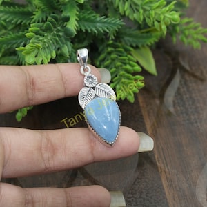 Natural Blue Angelite Gemstone Pendant Necklace 925 Sterling Silver Design Pendant Handmade Statement Pendant Angelite Gift Jewelry For Her