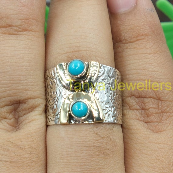 Arizona Turquoise Ring 925 Sterling Silver Ring With Brass Design