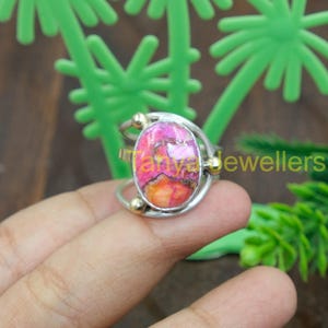 Pink Spiny Oyster Ring Pink Copper Turquoise Ring 925 Sterling Silver Ring with Small Brass Balls Statement Ring Valentines Day Gift for Her