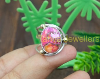 Rosa taggig ostronring Rosa kopparturkosring 925 sterlingsilverring med små mässingskulor Statementring Alla hjärtans dag-present till henne