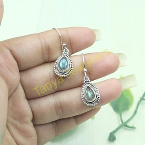 Pear Shape Labradorite Earrings 925 Sterling Silver Handmade Dangle Earrings Blue Stone Earring Labradorite Wedding Gift Jewelry For Women