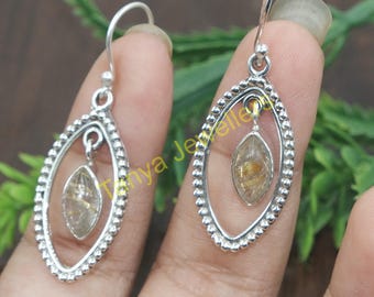 Golden Rutile Quartz Stone Earrings, 925 Sterling Silver Earrings, Gemstone Earrings, Dangle Earrings, Birthday Gift Jewelry for Women