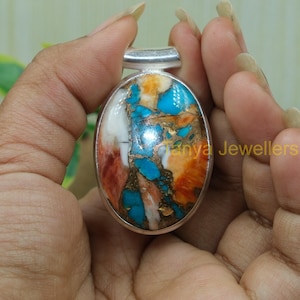 Collar con colgante de turquesa y ostra espinosa de color naranja natural de gran tamaño / Joyería de plata de ley 925 / Regalo único para mujeres