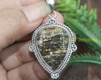 Grande ciondolo con pietra preziosa diaspro oceanico, collana con ciondolo fatto a mano in argento sterling 925, gioielli in diaspro, regalo di Natale e compleanno per le donne