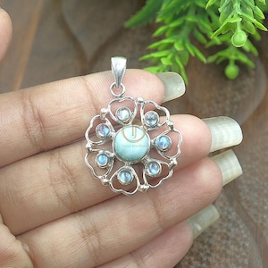 Natural Blue Fire Rainbow Moonstone And Larimar Design Pendant Necklace 925 Sterling Silver Handmade Statement Pendant Gift Jewelry For Her