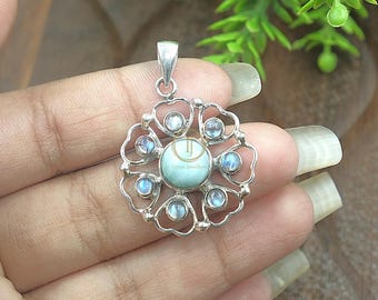 Natural Blue Fire Rainbow Moonstone And Larimar Design Pendant Necklace 925 Sterling Silver Handmade Statement Pendant Gift Jewelry For Her
