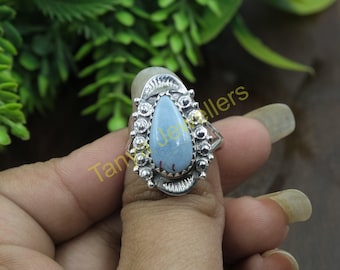 Blue Angelite Ring 925 Sterling Silver Ring Blue Stone Ring For Woman Handmade Statement Rings Christmas Birthday Gift Jewelry For Women