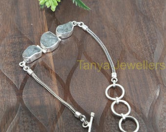 Pulsera de aguamarina natural en bruto, cadena de plata de ley 925, ajustable, para hombres y mujeres, joyería de piedra en bruto.