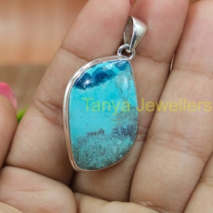 Top Quality Large Blue Azurite Gemstone Pendant Necklace 925 Sterling Silver Pendant Blue Azurite Jewelry Gift for Wife Girlfriend Mom