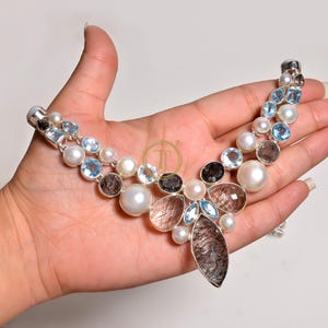 Black Rutile Quartz Pearl And Blue Topaz Necklace 925 Sterling Silver Handmade Necklace Multi Stone Chain Necklace Gift Jewelry For Women