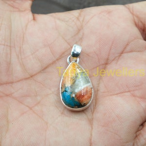 Natural Top Quality Orange Blue Spiny Oyster Turquoise Gemstone Pendant Necklace 925 Sterling Silver Pendant Turquoise  Jewelry Gift for Her