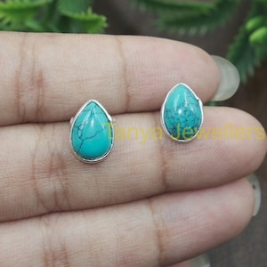 Blue Turquoise Stud Earrings, 925 Sterling Silver Stud Earrings, Ear Studs for Women, Turquoise Birthday Christmas Gift Jewelry for Women