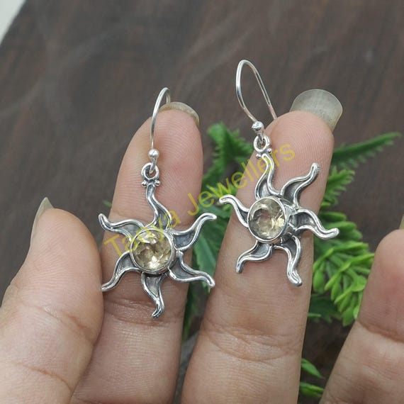 Boucles D'oreilles Pendantes En Citrine Et Argent 925 (2,5g) - Fermoir Dormeuse, Occasion