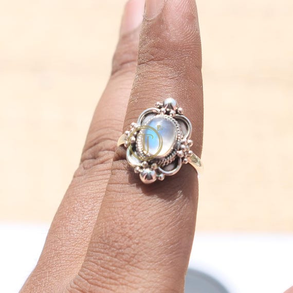 925 Sterling Silver Natural Moonstone Ring – Ladies Blue Moonstone, Bezel Set, Faris Jewels