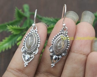 Golden Rutile Quartz Stone Earrings, 925 Sterling Silver Earrings, Gemstone Earrings, Dangle Earrings, Birthday Gift Jewelry for Women