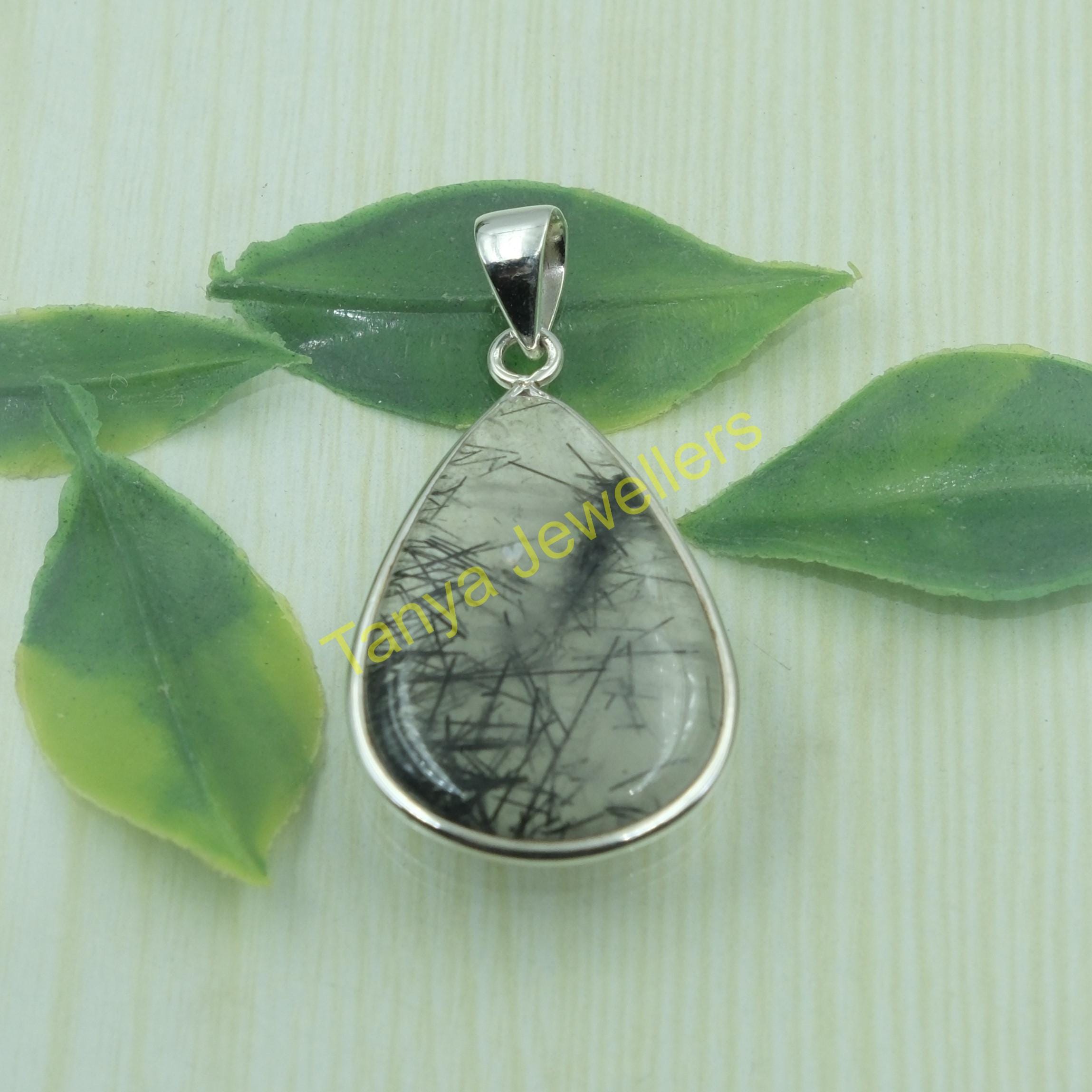 Ciondolo Artigianale In Rutilo Nero &ndash; Pietra Naturale, Argento Placcato, 1,58 Pollici