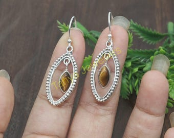 Natural Brown Tiger Eye Gemstone Earrings, 925 Sterling Silver Earrings, Dangle Earrings, Tiger Eye Wedding Gift Jewelry for Women