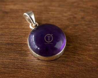 Colgante redondo de amatista púrpura en plata de ley 925, chapado en oro amarillo y oro rosa, colgante de piedra preciosa hecho a mano, regalo de amatista para mujer.