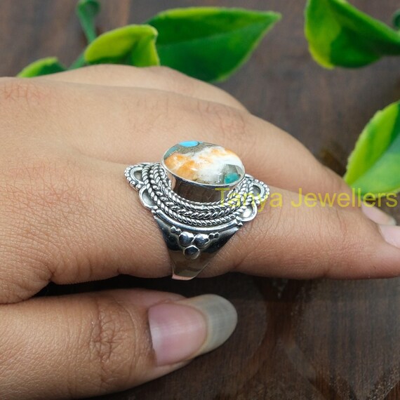 Orange Spiny Oyster Turquoise Gemstone Ring 925 Sterling Silver 