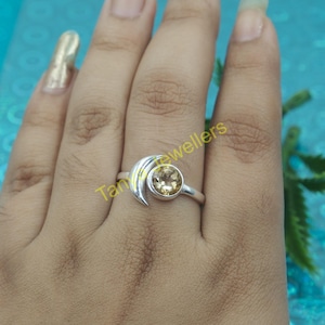 Natural Citrine Cut Stone Ring, 925 Sterling Silver Moon Ring, Adjustable Ring, Minimalist Ring, Citrine Jewelry, Birthday Day Gift for Her