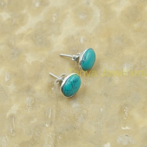 Natural Blue Turquoise Gemstone Stud Earrings, 925 Sterling Silver Stud Earrings, Studs for Women, Ear Studs, Christmas Gift for Her