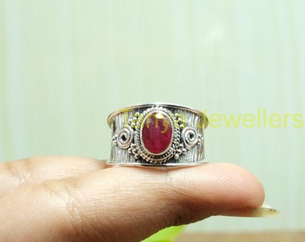 Natural Pink Ruby Ring 925 Sterling Silver Ring Statement Boho Ring Handmade Hammered Design Ring Gemstone Ring Pink Ruby Jewelry Gift Her