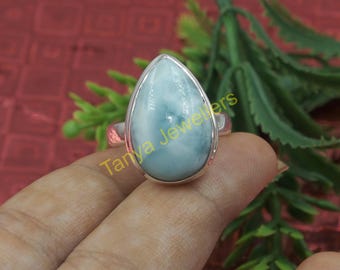 Anel grande com pedra preciosa Larimar azul, em prata de lei 925, feito à mão, estilo boho, joia de Larimar, presente de aniversário, presente para mulheres.