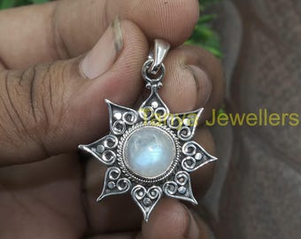 Natural Blue Fire Rainbow Moonstone Pendant 925 Sterling Silver Handmade Star Design Pendant Gemstone Statement Pendant Necklace for Women