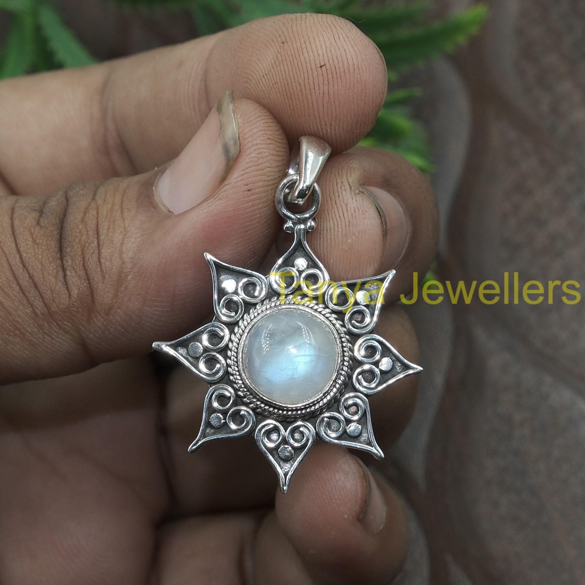 Natural Blue Fire Rainbow Moonstone Pendant 925 Sterling Silver Handmade Large Stone Pendant Gemstone Statement Pendant Necklace for Women