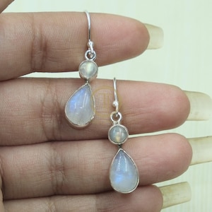 Natural Blue Moonstone 925 Sterling Silver Earrings Handmade 2 Stone Earrings Moonstone Earrings Christmas Gift Jewelry For Wife Mom Sister