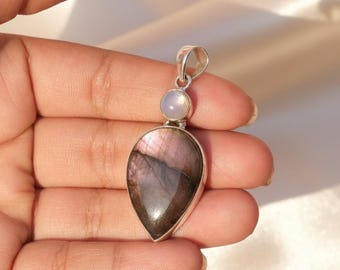 Purple Labradorite & Blue Moonstone 925 Sterling Silver Handmade Statement Pendant Necklace Jewelry Gift
