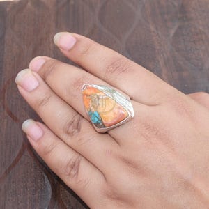 orange Spiny Oyster Turquoise Gemstone Ring 925 Sterling Silver Handmade Design Unique Stone Ring Promise Ring Boho Ring Jewelry For Her Men