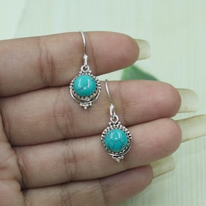 Natural Tibetan Turquoise Gemstone Earrings 925 Sterling Silver Earrings Handmade Dangle Earring Turquoise Christmas Gift Jewelry For Her