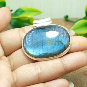 Natural Top Quality Large Blue Fire Labradorite Gemstone Pendant Necklace 925 Sterling Silver Pendant Jewelry Gift for Women Girlfriend
