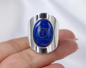 Lapis Lazuli 925 Sterling Silver Handmade Statement Wide Band Ring Gold Plated Gift Jewelry