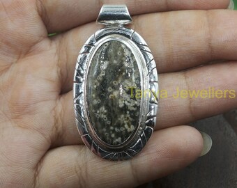 Collana con ciondolo in diaspro oceanico, ciondolo in argento sterling 925, grande pietra preziosa, ciondolo importante, gioielli in diaspro, regalo di compleanno per lei