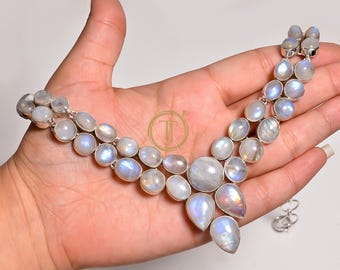 Natural Blue Rainbow Moonstone 925 Sterling Silver Handmade Statement Necklace Gemstone Necklace Moonstone Jewelry Gift For Wife Mom Sister