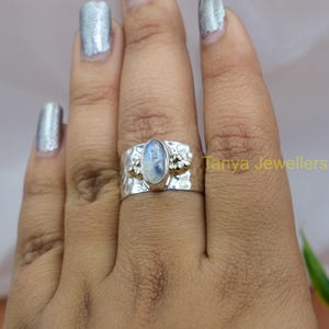 Blue Fire Rainbow Moonstone Ring | 925 Sterling Silver Hammered Ring with Brass Accents | Statement Moonstone Jewelry Gift for Women