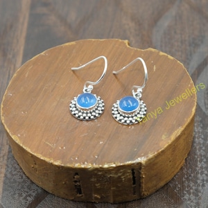 Round Shape Blue Chalcedony 925 Sterling Silver Handmade Dangling Earrings Gemstone Earrings Chalcedony Jewelry Wedding Jewelry Gift For Her
