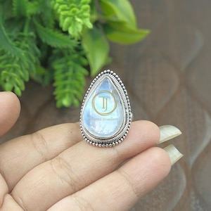 レインボームーンストーン ピュア 925 スターリングシルバー ハンドメイドデザイン ステートメントリング ラージストーンリング 結婚指輪 バレンタインデー 誕生日プレゼント 彼へのギフト