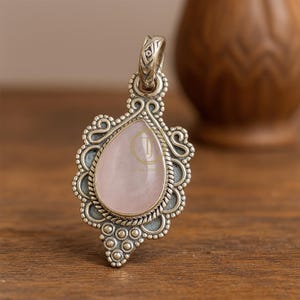 Natural Rose Quartz Pendant, 925 Sterling Silver Pendant, Bohemian Design Pendant, Pear Shape Pendant, Rose Gold Yellow Gold Plated Pendant