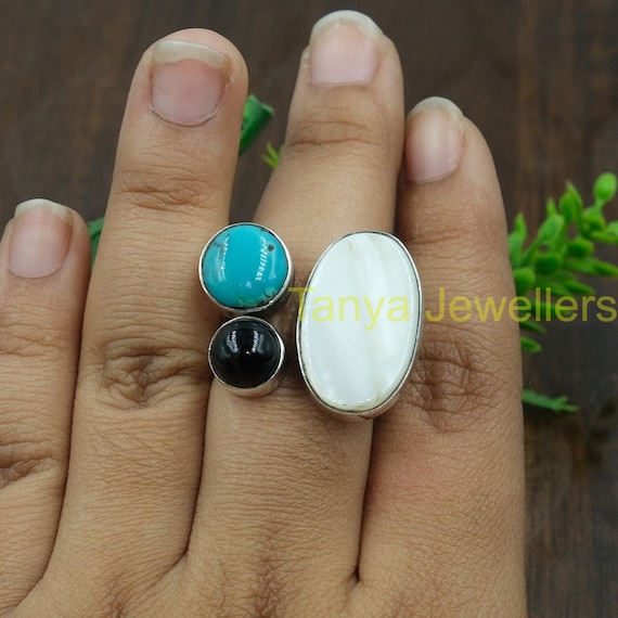 Anello con pietra di luna arcobaleno, turchese e topazio blu, anello in argento sterling 925, anello boho, anello con più pietre preziose, anello con gioielli fatti a mano - Italia