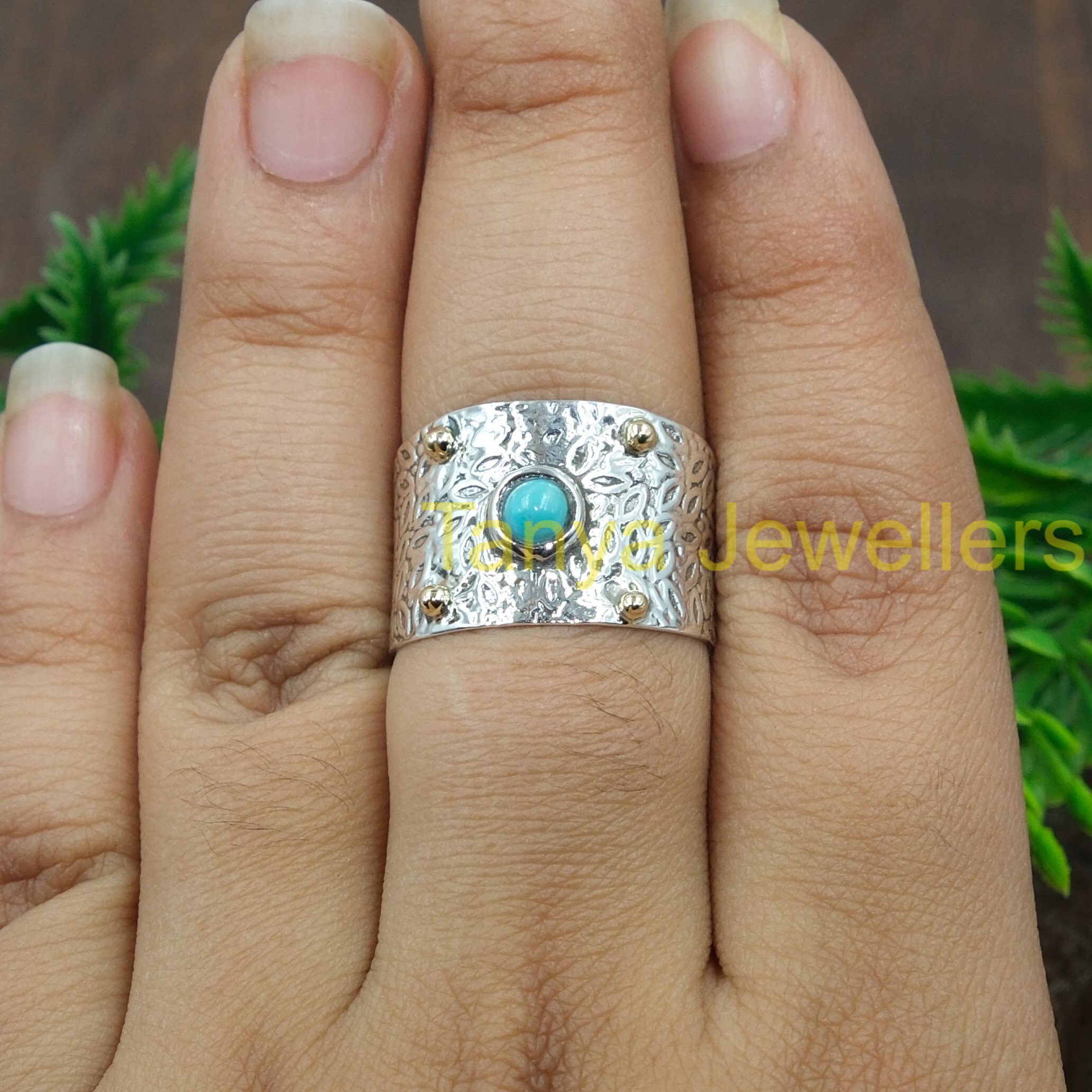 Arizona Turquoise Ring 925 Sterling Silver Ring With Small Brass